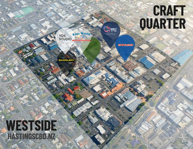 Map of the WestSide Craft Quarter — Spotlight, Q Variety, Knit World, Shammi's Tailoring, Saddlery Warehouse and YDS