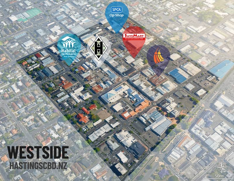 Map of the WestSide op shop circuit — Hokohoko Shop, Cranford Hospice Shop, SaveMart and SPCA Op Shop