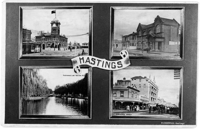 Hastings postcard...Post Office, Carnegie Library, Racecourse Lake, Heretaunga Street...1910s