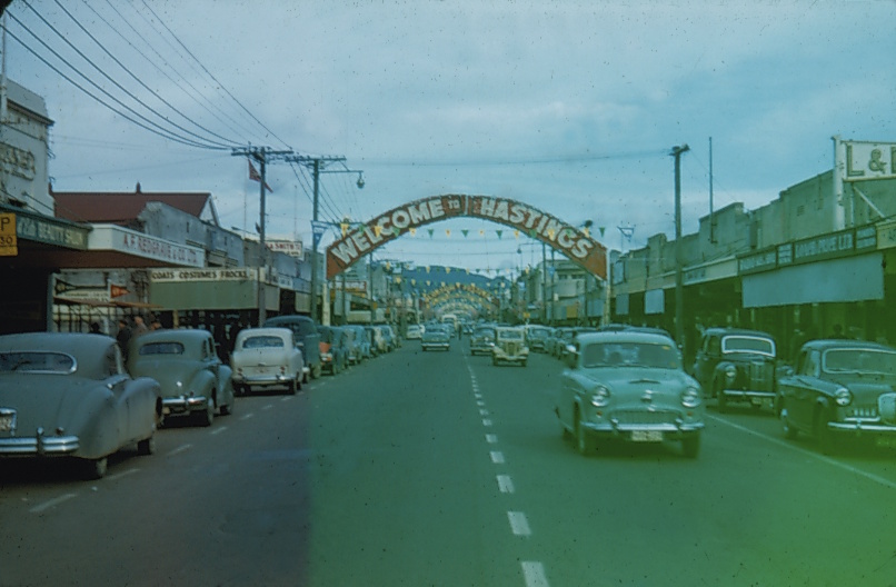 Welcome to Hastings arch — looking east — 1950s