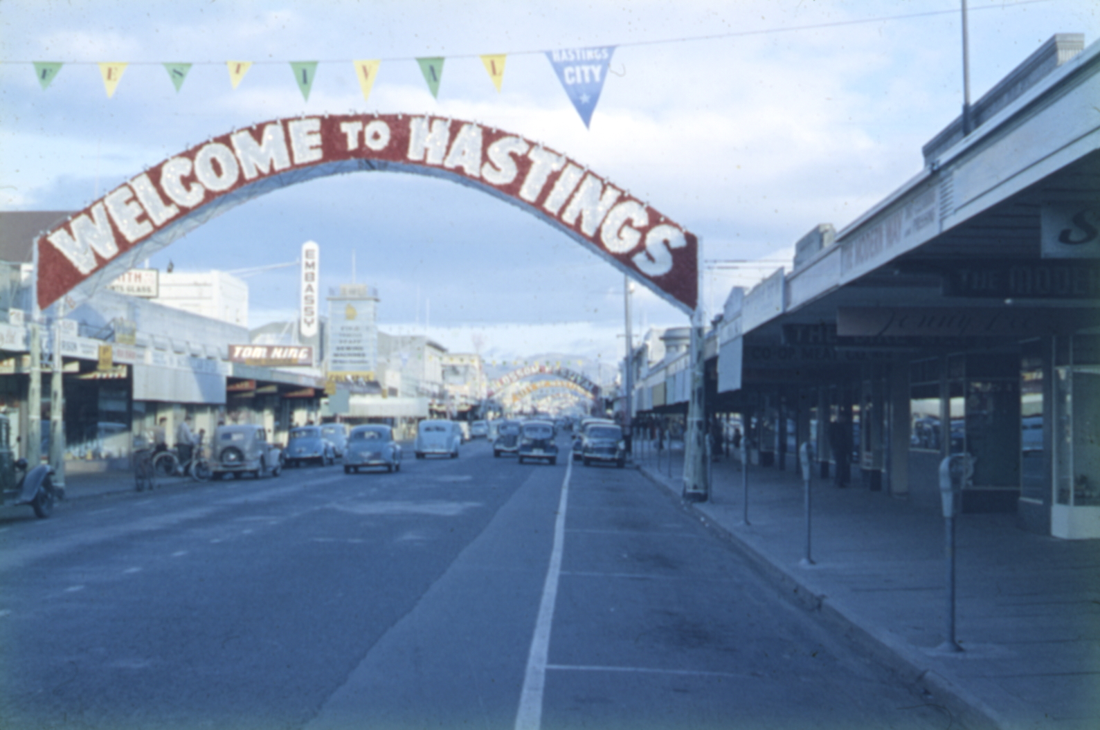 Welcome to Hastings arch 1958 — Embassy Cinema visible — looking east