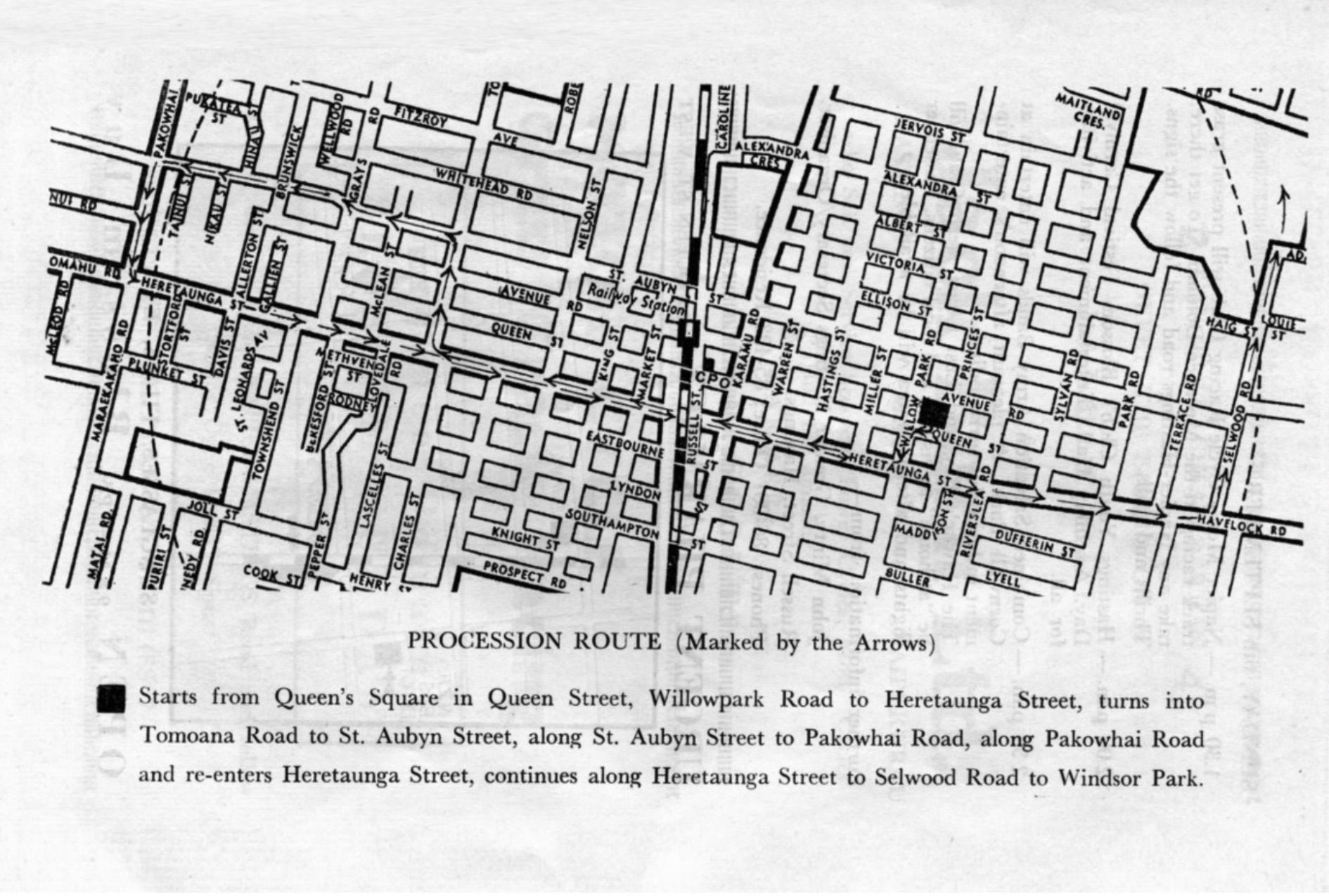 Blossom Festival 1964 procession route map — Queen's Square to Windsor Park