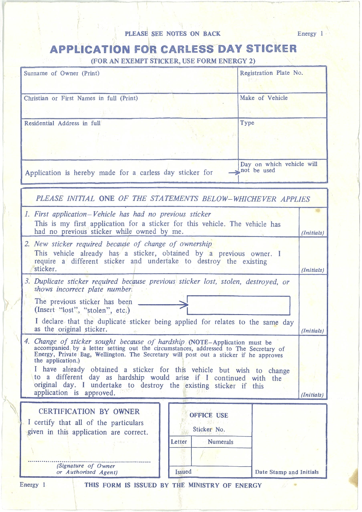Application for Carless Day Sticker...Ministry of Energy...1979