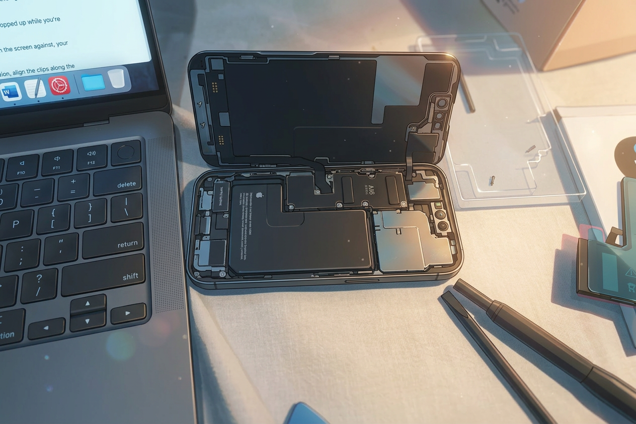 iPhone opened from the back showing the A16 Bionic chip and internal layout during a professional smartphone repair in New Zealand