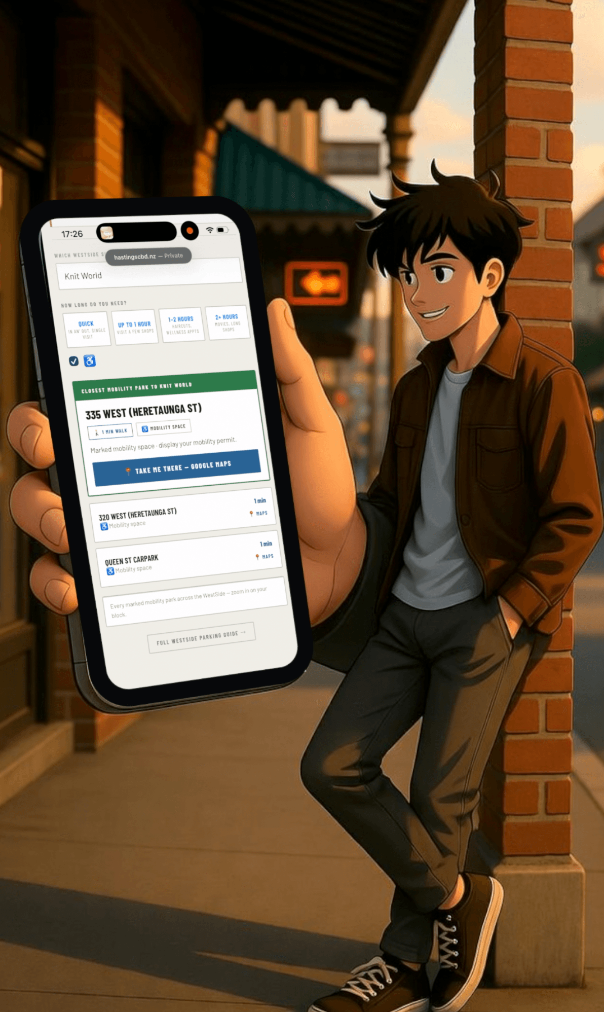 Park'n'Shop on a phone — mobility mode finding the closest park to Knit World