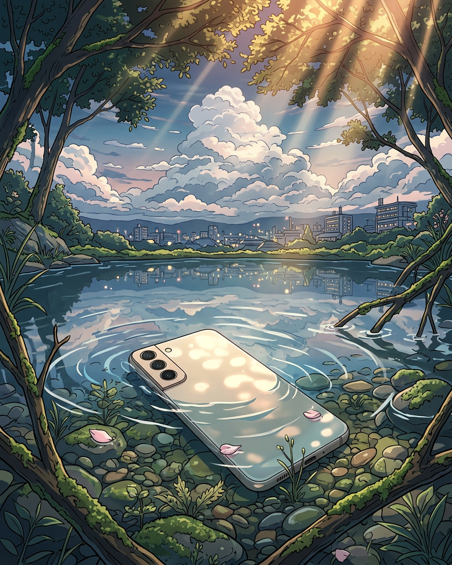 Samsung smartphone fully submerged in water, illustrating water damage risk — water damaged phones should be taken to a Hawke's Bay repair specialist immediately