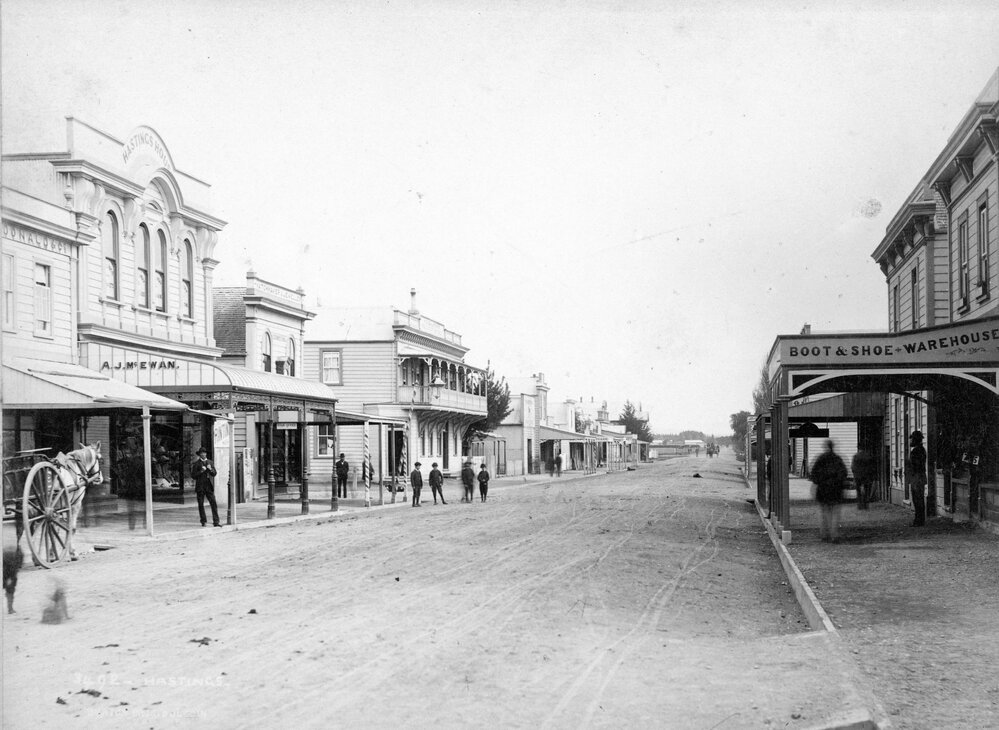 Heretaunga Street West looking west, c.1895 — horses and carts, A.J. McEwan's building visible